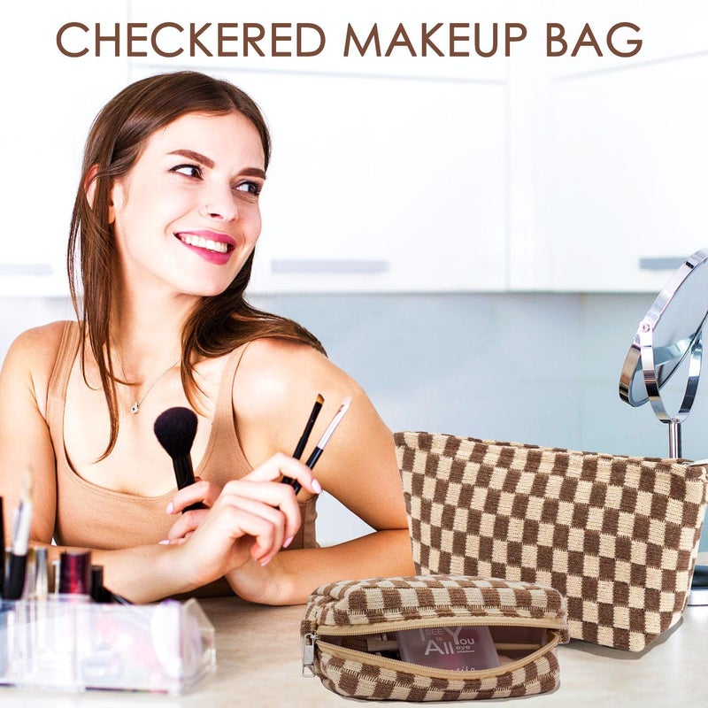 Fammart Travel Makeup Bag, Checkered Cosmetic Bag Make Up Organizer Case for Women, Small Toiletry Bag Skincare Pouch for Toiletries Accessories Brushes, 2PCS - Image 2